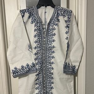 White Tunic with Blue Embroidery